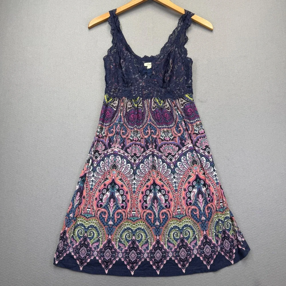 Soma XS Navy Blue Paisley Lace‎ Trim Chemise Nightgown Sleep Dress Sleeveless